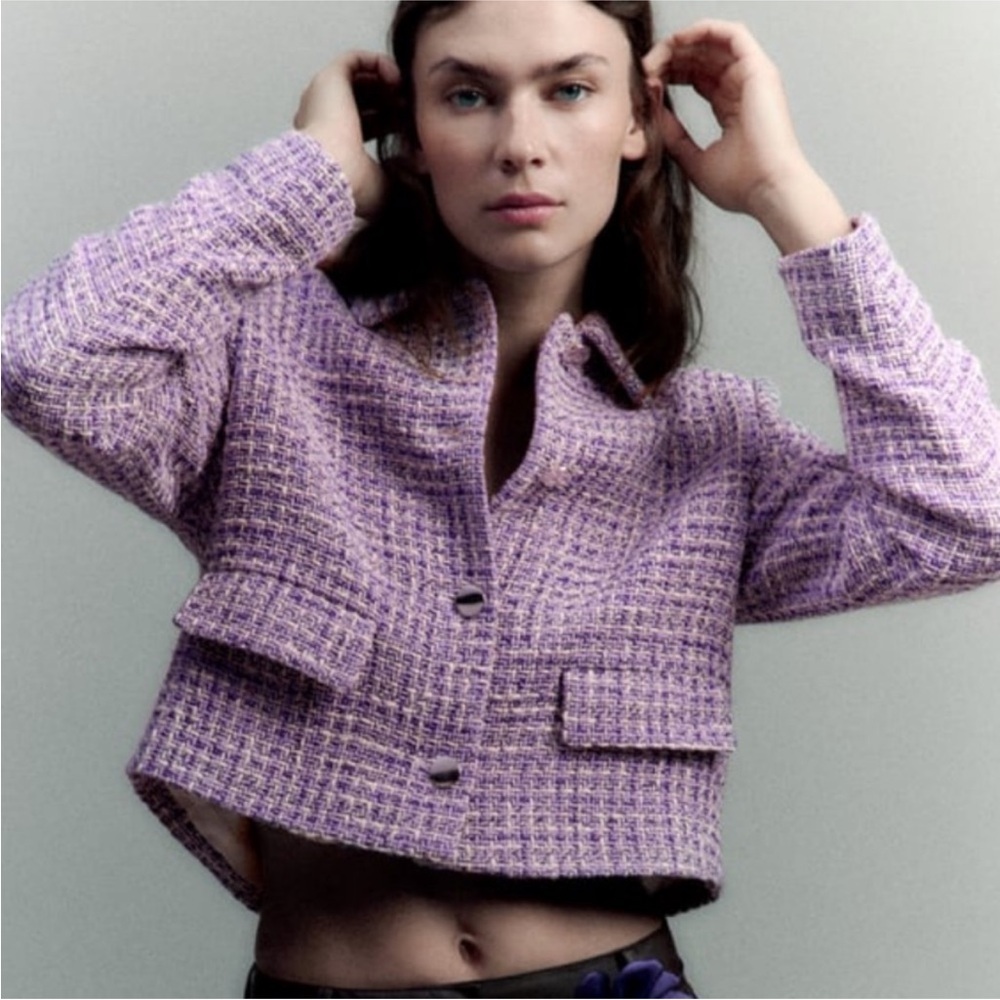 ZARA FITTED CROPPED TEXTURED BLAZER Weave Tweed Purple/Black/White Size XL NEW